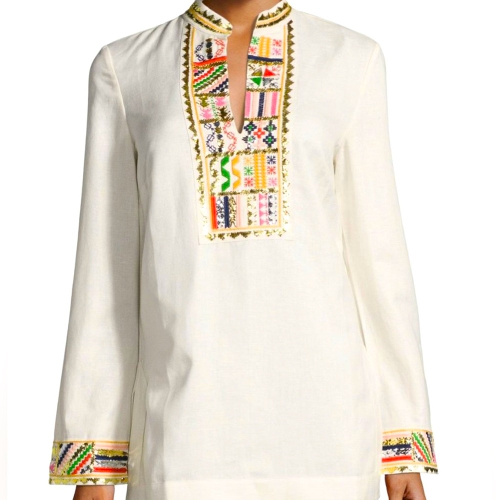 Tory Burch embellished Tory Tunic. Linen -Blend in ivory